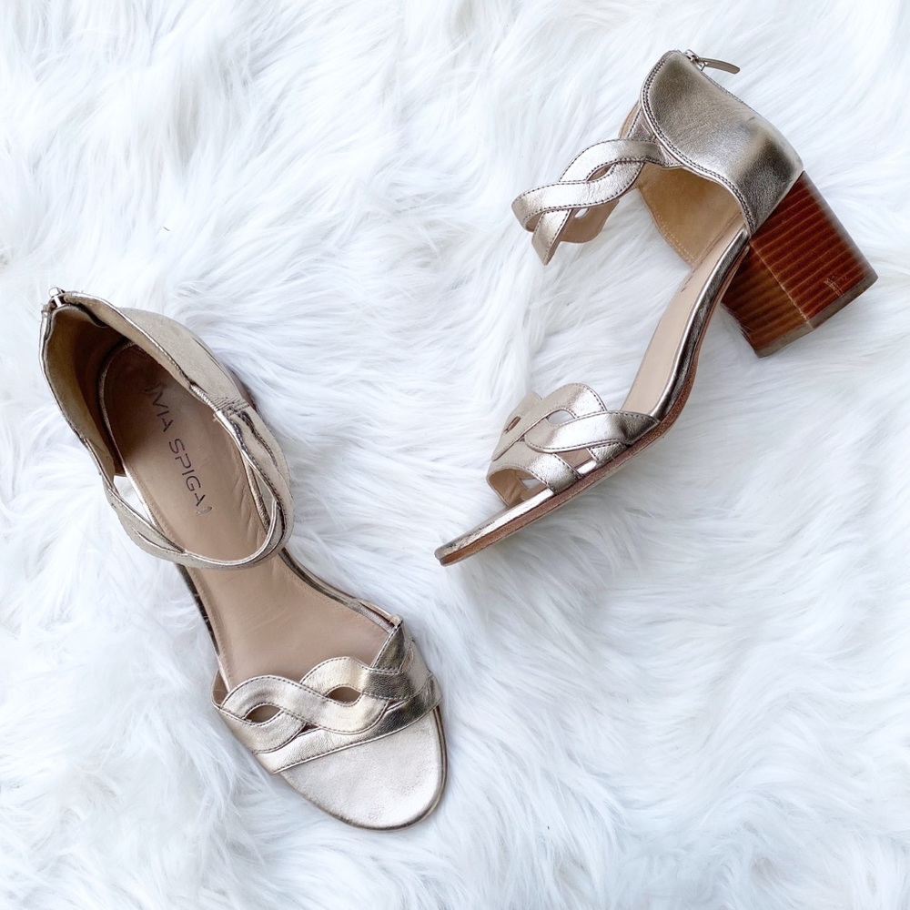 Via Spiga Stacked Heel Gold Leather Sandals